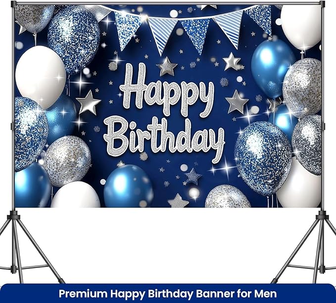 Royal Navy Blue Silver Happy Birthday Banner for Men 7x5ft Happy Birthday Backdrop for Boys Royal Blue Backdrop Birthday Decorations for Men Party Banner Decoraciones De Cumpleaños