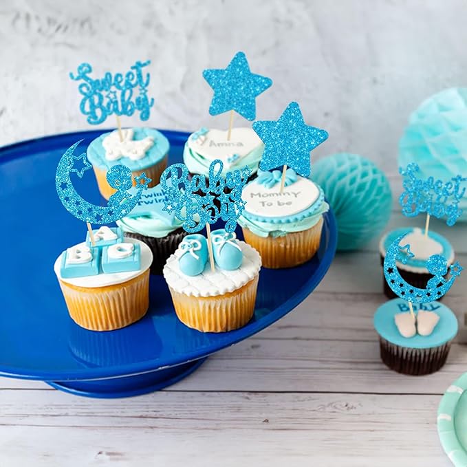 Gyufise 24Pcs Blue Glitter Baby Boy Cupcake Toppers Star Moon Sweet Baby Babyshower Boy Cupcake Picks for Baby Shower Boys Birthday Party Cake Decorations Supplies