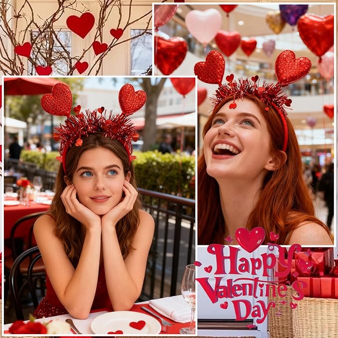 Valentines Headband with Sequin Heart Designs Red Heart Headbands Shiny Red Tassel Head Bopper Romantic Valentines Hair Accessories for Valentines Lover Party Hair Accessory Supplies 1pcs