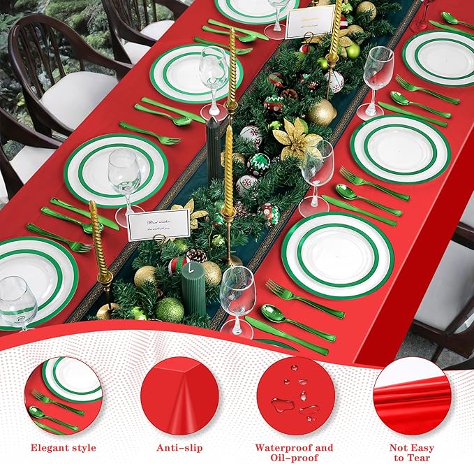 mwellewm 4 Packs Red Tablecloth, Plastic Red Table Cloth Christmas Tablecloth 54" × 72" Rectangle Disposable Tablecloths Waterproof Green Table Cover for Party Holiday & Gathering Use