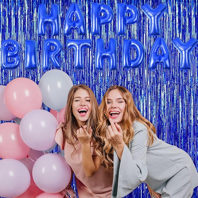 2 Pack Fringe Curtains Backdrops, Foil Fringe Curtains, Door Streamers for Birthday Wedding Bridal Shower Holiday Graduation Party Decorations, Photo Booth Backdrops, Blue