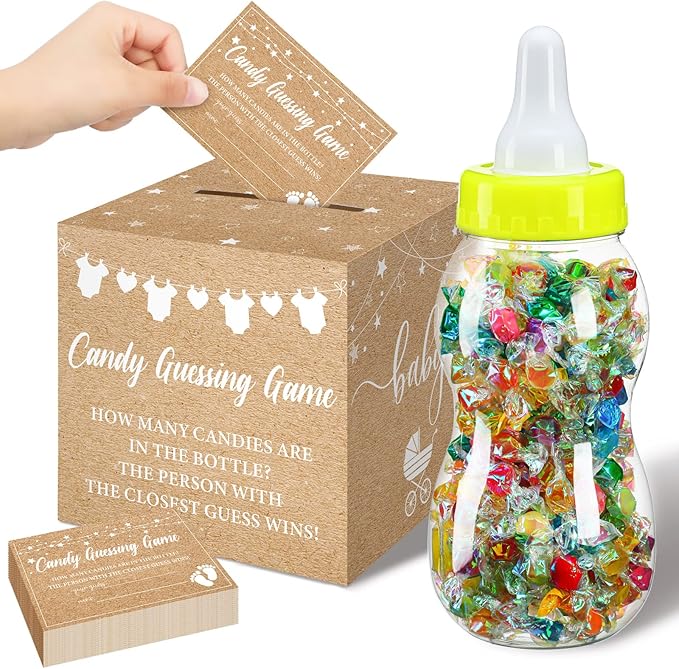 Glenmal 52 Pcs Baby Shower Games Gift Sets Large Baby Bottle for Shower Game Guess How Many Candies Decorations for Gender Reveal(Kraft)