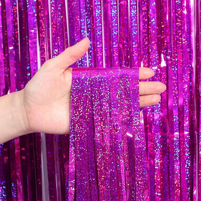Tinsel Curtain Backdrop 2 Pack 3ftx8ft,CYLMFC Foil Backdrop Curtain Photo Booth Euphoria Christmas - Rose Red