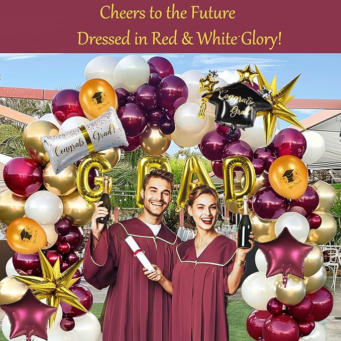 Maroon gold white Graduation Balloon Garland Arch Kit 115PCS with Graduation Star print Certificate Letter Mylar Foil Balloons for Graduate Class of 2026 Grad Prom party Decorations Supplies
