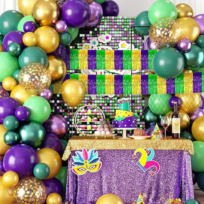 12 Pack 10 Feet Metallic Foil Fringe Garland Tinsel Streamers Banner, Gold Green Purple Wall Hanging Tinsel Fringe Banners for Parade Floats, Wedding, Birthday, Mardi Gras Party Decorations