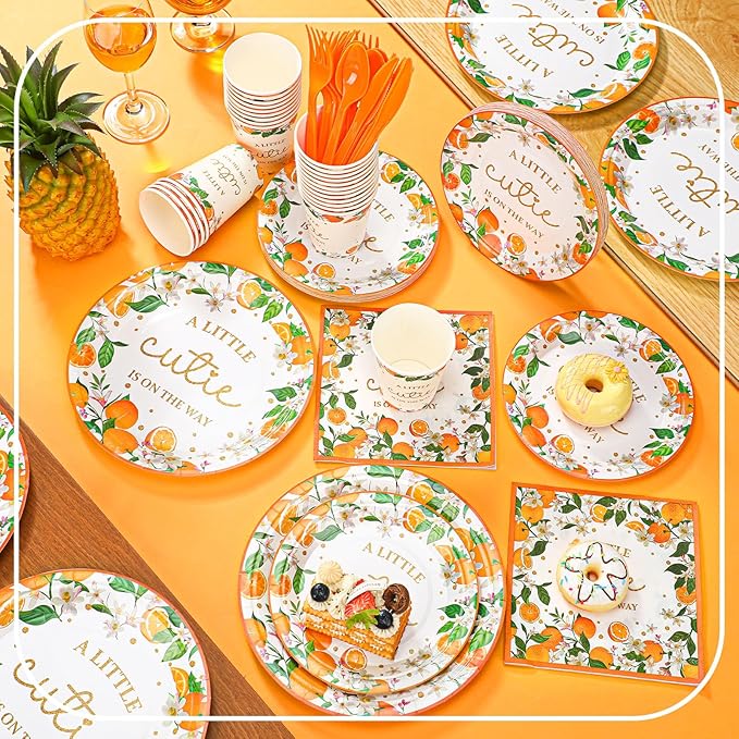 350 Pcs a Little Cutie Is on The Way Baby Shower Tableware Set, Baby Shower Plates Napkins Cups Dessert Forks Disposable Supplies for 50 Guests, Cute Orange Party Decoration