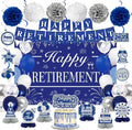 Retirement Party Decorations for Men Women Blue Silver Happy Retirement Banner Backdrop Balloons Paper Pompoms Honeycomb Centerpiece Cake Topper Hanging Swirl Set