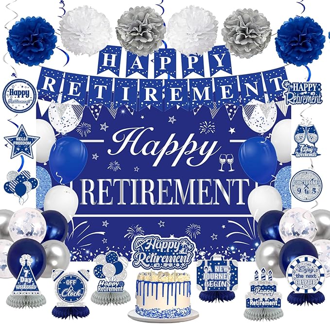 Retirement Party Decorations for Men Women Blue Silver Happy Retirement Banner Backdrop Balloons Paper Pompoms Honeycomb Centerpiece Cake Topper Hanging Swirl Set