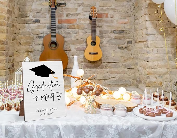 Graduation Dessert Table Sign, Graduation Is Sweet Please Take A Treat, Rustic Grad Party Decorations Desk Decor, 5 X 7" Wood Table Graduation Sign with Stand for Graduation Party Supplies, 02
