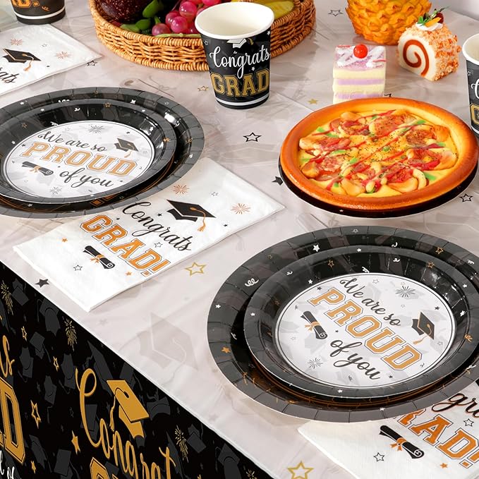Graduation Party Supplies Congrats Grad Plates and Napkins Set Serve 50, Disposable Tableware Paper Plates Napkins Cup Knive Spoon Fork Straw for Class of 2026 Graduation Party Decorations Black Gold