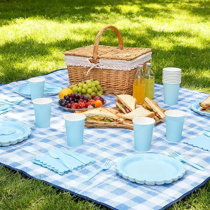 176 PCS Light Blue Party Decorations Includes Scalloped Plates, Napkins, Cups, Cutlery, Tablecloth for Baby Shower Wedding Birthday Party Decorations, Serves 25