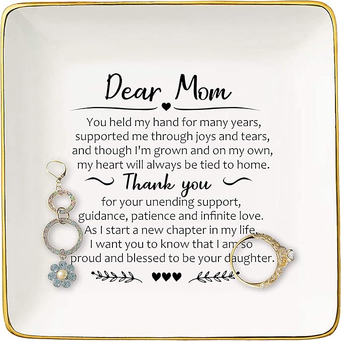 Gifts for Mother of The Bride-Thank You Gifts for Mom-Wedding Present for Mother-Bridal Shower Present-Dear Mom,You Held My Hand for Many Years-Ceramic Jewelry Holder Ring Dish Trinket Box Tray