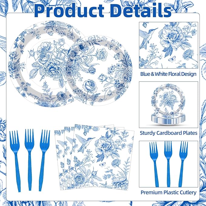 100 Pcs Blue and White Floral Tableware Party Supplies Set, Serves 25 – Disposable Elegant Flower Paper Plates, Napkins, and Plastic Forks for Wedding, Bridal Shower, Birthday, Garden Tea Decorations