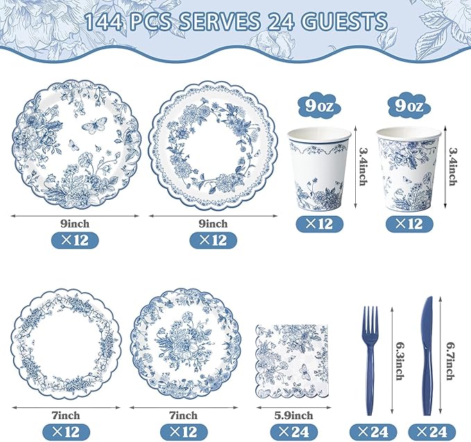 Blue Floral Plates and Napkins Tableware Sets - Serves 24, Includes Flower Paper Plates, Napkins Cups Knives Forks, Vintage Floral Plate for Wedding Bridal Tea Party Supplies
