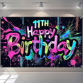 Neon 11th Happy Birthday Banner 71x43 Inch Paint Splatter Glow in The Dark Party Backdrop Colorful Wall Decor for Kids Boys Girls Eleventh Birthday Celebrations Photo Booth Props Event