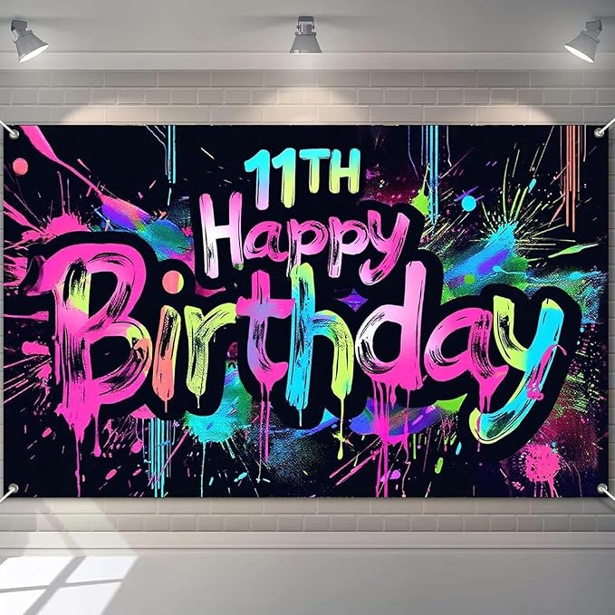 Neon 11th Happy Birthday Banner 71x43 Inch Paint Splatter Glow in The Dark Party Backdrop Colorful Wall Decor for Kids Boys Girls Eleventh Birthday Celebrations Photo Booth Props Event