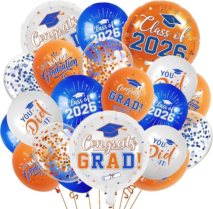 Blue and Orange Graduation Balloons Graduation Decorations 2026, 51Pcs Grad Latex Balloons and Grad Foil Balloon with Confetti Ribbons Grad Party Decorations for College High School