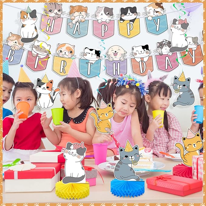 Chinco 16 Pcs Cat Theme Birthday Party Decorations Party Supplies Kit, Includes Cat Party Banner with 6 Hanging Cutouts 6 Hanging Swirl Decor and 3 Birthday Honeycomb Party Decoration(Cartoon Style)