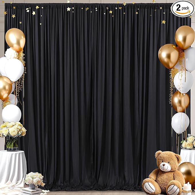 8x10FT Black Backdrop Curtains for Wedding Parties, Wrinkle Free Polyester Photo Backdrop Drapes for Graduation Photography Baby Shower Birthday Stage Background Stand Decorations 4x10ft,2 Panels