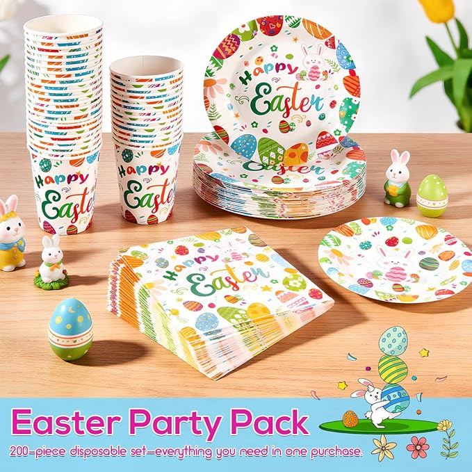 200PCS Easter Paper Plates and Napkins Set, Bunny & Egg Theme, 9" Dinner Plates, 7" Dessert Plates, 9oz Cups and Napkins, Heavy Duty Disposable Tableware for Easter Party Supplies, Serves 50
