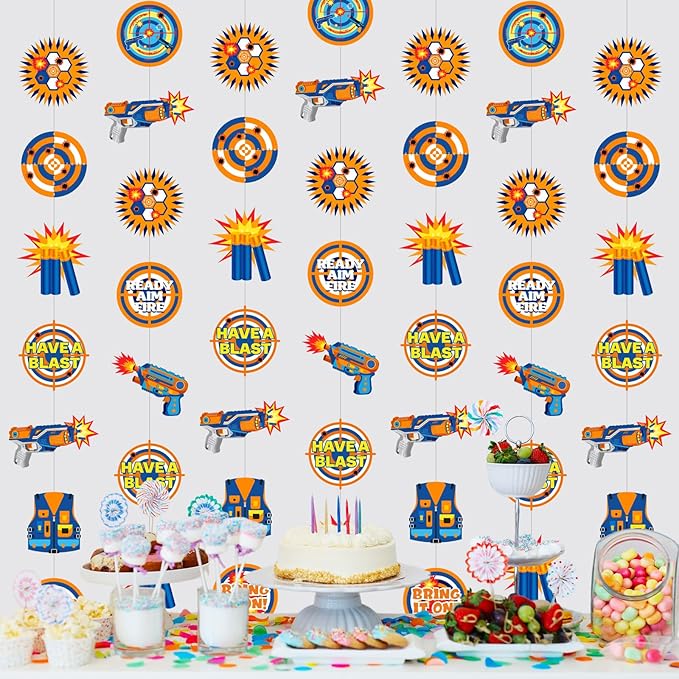 Xinnun Dart Battle Party Decorations Wars Garlands Banners Bullet Target Gun Theme Banner Cutouts Ribbon Streamers for Dart Battle Birthday Party Supplies Favors