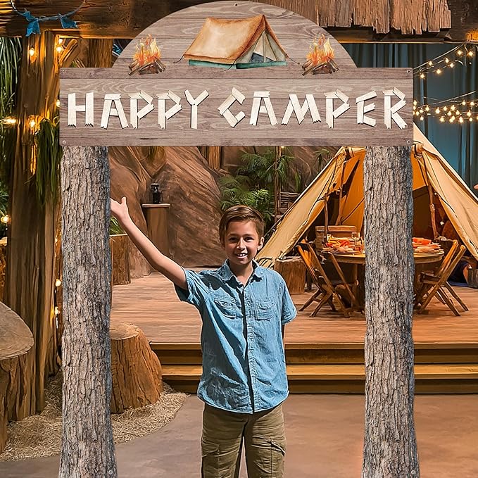 Peryiter 3 Pcs Camping Themed Party Decorations Banner Welcome Porch Sign with 1 Double Sided Tape for Summer Camp Birthday Hawaii Baby Shower Themed Party Activity Decor Door(Happy Camper)