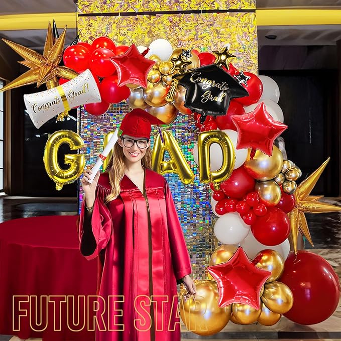 Red Graduation Balloon Garland Arch Kit 115PCS with Graduation Star print Certificate Letter Mylar Foil Balloons for Graduate Class of 2026 Grad Prom party Decorations Supplies (Red Gold White)