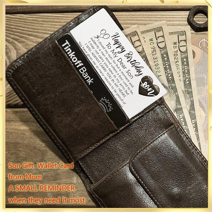 YODOCAMP Happy Birthday Son Gifts from Mom, Metal Engraved Greeting Card for Birthday, Son Wallet Insert Card from Parents