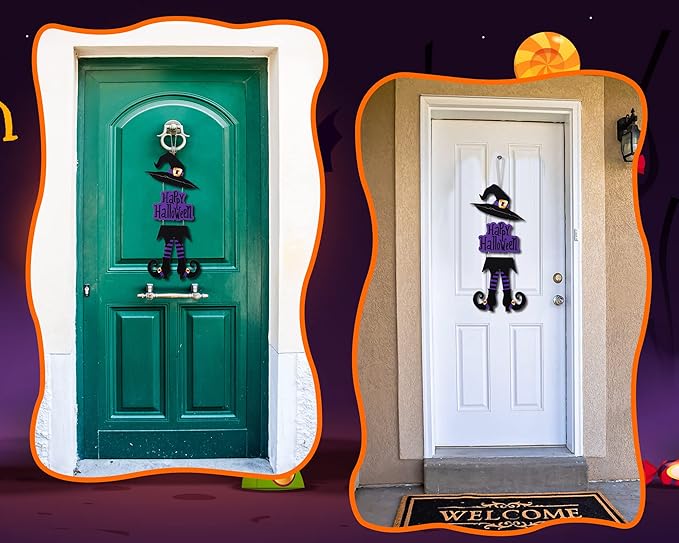 Yerliker Halloween Happy Sign Decoration Witch Legs Hat Hanging Wooden Wall Decor Version Rustic Front Door Hanger Fall Art Ornament for Home Room Indoor Outdoor Holiday Party(Purple)