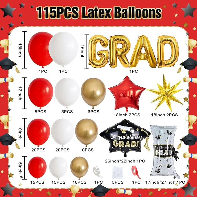 Red Graduation Balloons Garland Arch Kit, 115 PCS Red Gold White Graduation Star Print Cap Certificate Grad Foil Balloons with Gold Explosion Star Balloon for Graduate Class of 2026 Prom Party Decor