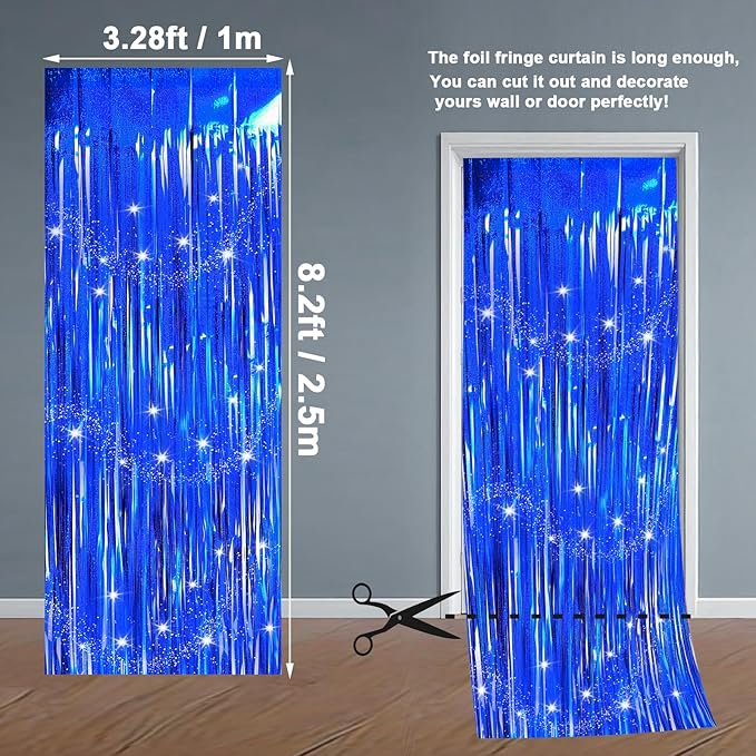 Blue Backdrops Curtains Party Decorations, Tinsel Streamers Birthday Decoration for Easter Decoration, Photo Booth Props for Graduation, Wedding, 2Pack 3.28X8.2Ft