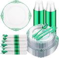 Hioasis 175pcs Clear and Green Plates - Green Party Plates for 25 Guest, Include 50 Heavy-duty Plates(20% Thicker Than Standard), 25 Pre Rolled Gold Plastic Silverware Set, 25 Cups