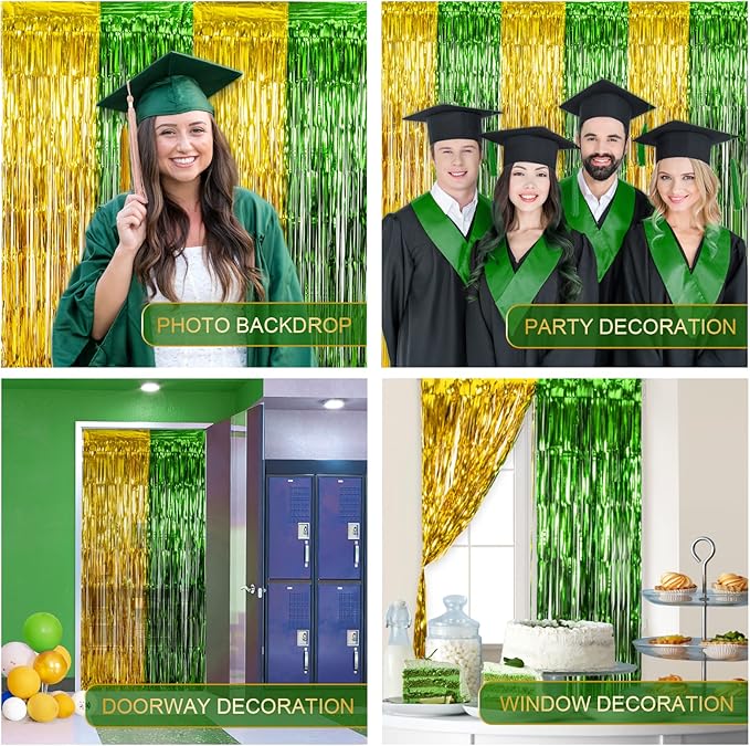 LOLStar Graduation Party Decoration, 2 Pack Green and Gold 3.3x6.6 ft Foil Fringe Curtains, Tinsel Backdrop, Graduation Photo Booth Prop Streamer Backdrop for Class of 2026, Prom and Grad Party Decor