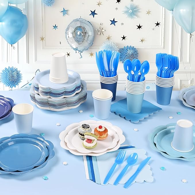 350 Pcs Blue Party Supplies Set - Blue Paper Plates and Napkins Set Include Gradient Blue Scalloped Paper Plate Napkin Cup Spoon Fork Knife for Birthday, Baby Shower, Wedding Forest Events