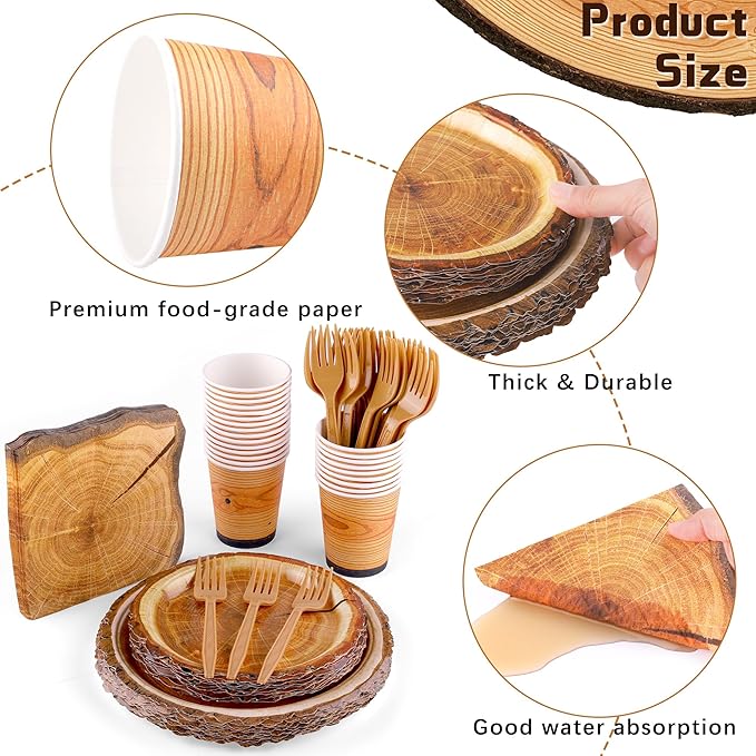 durony 144 Pieces Camping Wood Grain Slice Dinnerware Set Rustic Wood Party Supplies Paper Plates Napkins Serve 24 for Forest Themed Party Decorations Camping Birthday Supplies