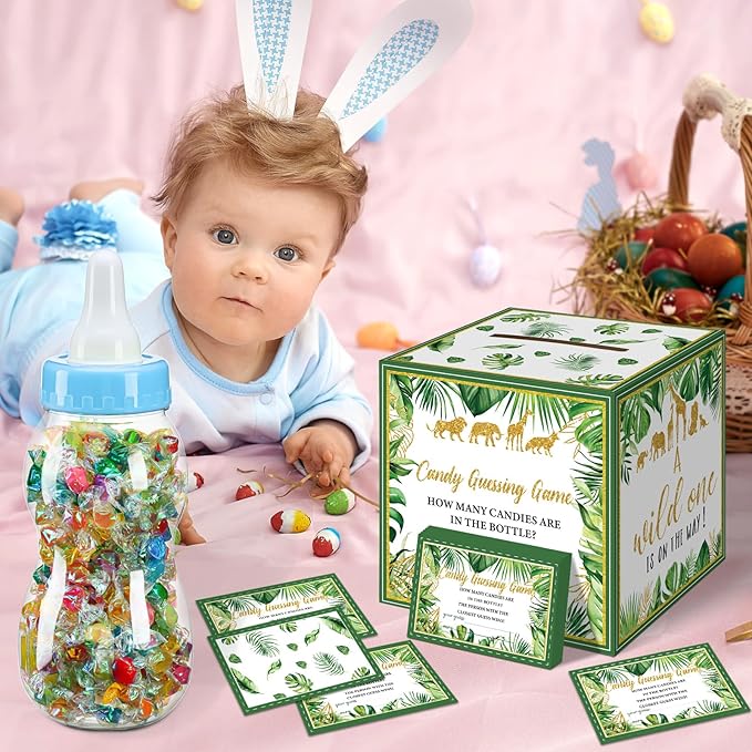 Glenmal 52 Pcs Baby Shower Games Gift Sets Large Baby Bottle for Shower Game Guess How Many Candies Decorations for Gender Reveal(Safari Jungle Animal)