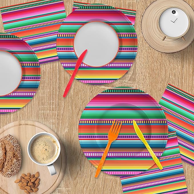 140PCS Mexican Serape Fiesta Plates and Napkins Set, Fit Mexican Themed Paper Dessert Plates, Taco Colorful Stripes Pinata Ponchos Platters Dance Party, Serves 20 Guests