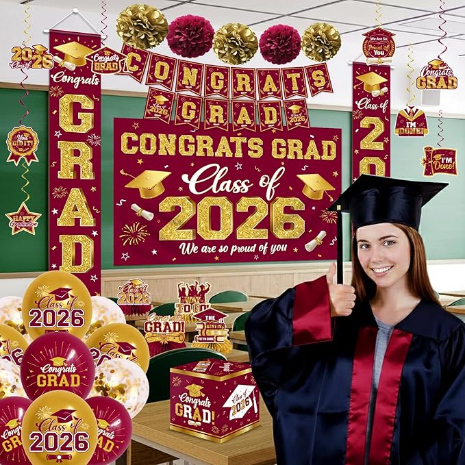 2026 Graduation Decorations - Red Congrats Grad Party Supplies include Card Box, Backdrop, Banner and Balloons for Class of 2026 Decorations Set