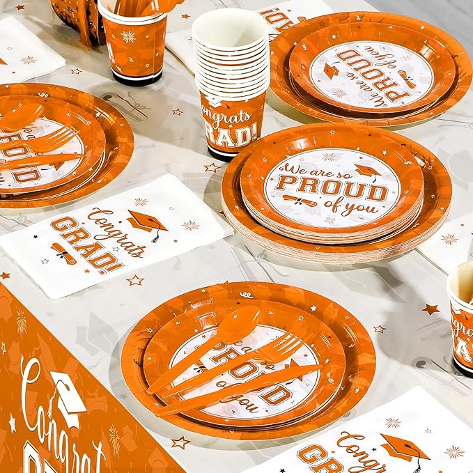Graduation Party Supplies Congrats Grad Plates and Napkins Set Disposable Tableware Paper Plates Napkins Cups Knives Spoons Forks Straw for Class of 2025 Graduation Party Decorations Serve100 (Orange)