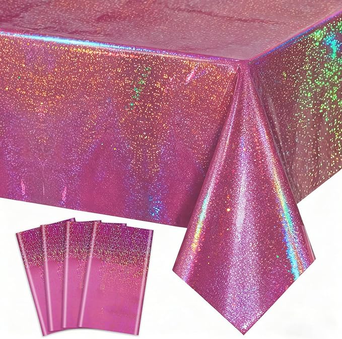 4Pcs Holographic Tablecloths Rectangular Iridescent Tablecloth Shimmer Metallic Table Covers for Girls Princess Wedding Graduation Birthday Party Decorations, 54 x 108Inch (Hot Pink)