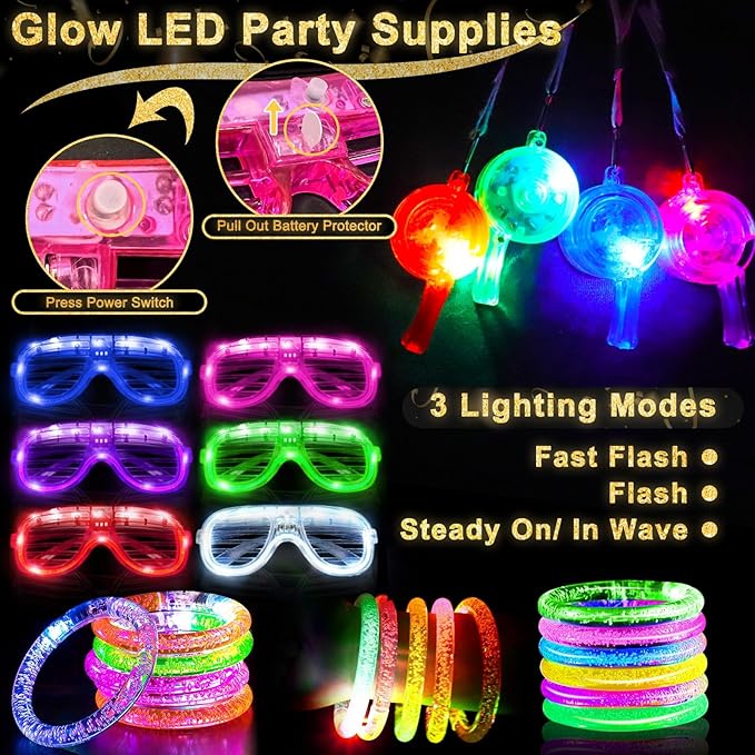 178 Pcs Glow In The Dark New Years Eve Party Supplies 2026 Decorations with 6 Led Glasses 6 Light Up Headbands 12 Flashing Bracelets 6 Noise Makers Necklaces 100 Glow Sticks Party Favors for New Years