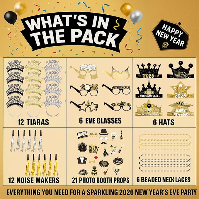 New Years Eve Party Supplies 2026 – 63 PCS Celebration Kit with Headbands, Crown Hats, Glasses, Noise Makers, Photo Booth Props & Wristbands – Gold Silver Happy New Year Decorations