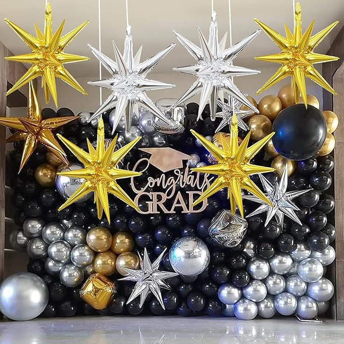 6PCS Gold Silver Star Balloons, 22Inch Large Star Balloon Foil Spike Cone Balloon for Birthday Anniversary Festival Christmas New Year Party Decorations