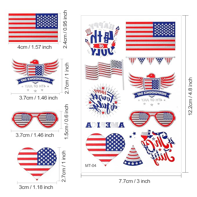 4th of July Temporary Tattoos, Metallic USA Fourth of July Patriotic Tattoos | American Flag Red White and Blue Face Tattoo Stickers, Independence Day Memorial Day Party Accessories Decoration