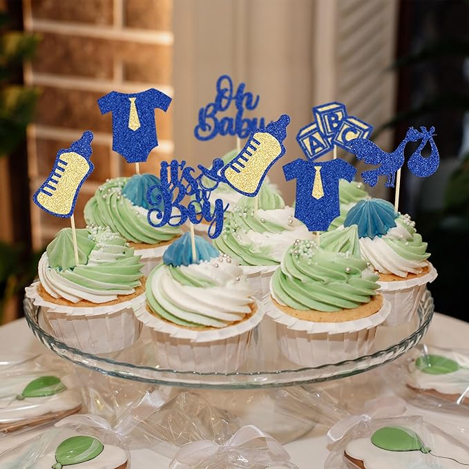 Gyufise 24Pcs Baby Shower Cupcake Toppers Glitter Tie Onesie Baby Bottle Oh Baby Cupcake Picks It's a Boy Cake Decorations for Baby Shower Gender Reveal Kids Boys Birthday Party Supplies Deep Blue