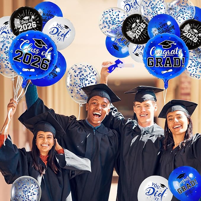 Blue and Black Graduation Balloons Graduation Decorations 2026, 51Pcs Grad Latex Balloons and Grad Foil Balloon with Confetti Ribbons Grad Party Decorations for College High School