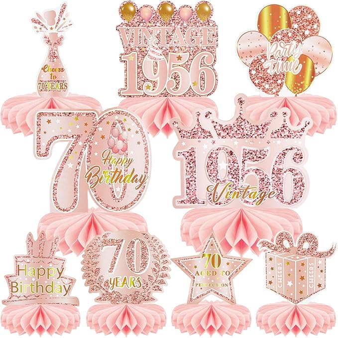9 Pcs 70th Birthday Decoration for Women Happy 70th Birthday Table Honeycomb Decorations Rose Gold Pink Centerpieces Tables Toppers1956 Decor Cheers to 70 Years Old Birthday Party Favors