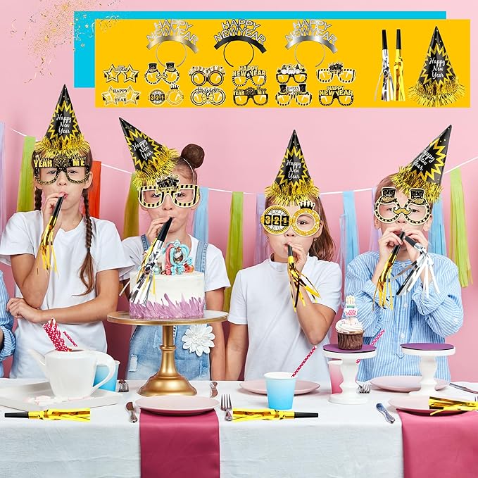 48 Pack Happy New Year Party Favor Set with New Year Headband Paper Eyeglasses Cone Hats and Glitter Fringed Noisemakers for New Year Eve Party Favors