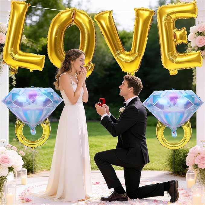 40inch Gold Love Balloons with 2pcs Diamond Ring Foil Balloons, Large Love Letters Engagement Ring Mylar Balloons for Valentines Day Wedding Bridal Shower Anniversary Proposal Marriage Decorations