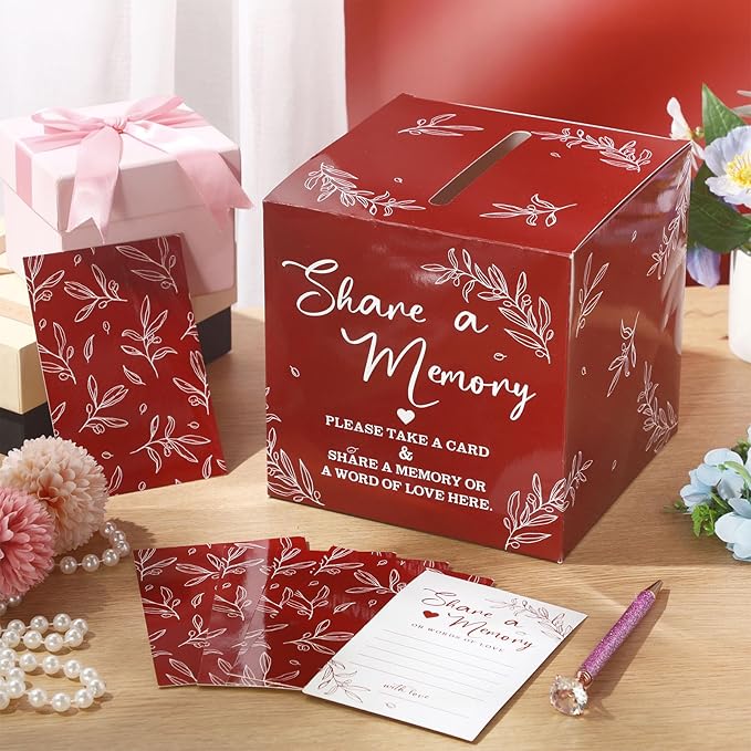 Pajean 50 Pcs Share a Memory Cards for Collections of Life, Memory Cards Box for Guest Ideas Funeral Graduation Wedding Bridal Shower Birthday Anniversary Retirement(Red)
